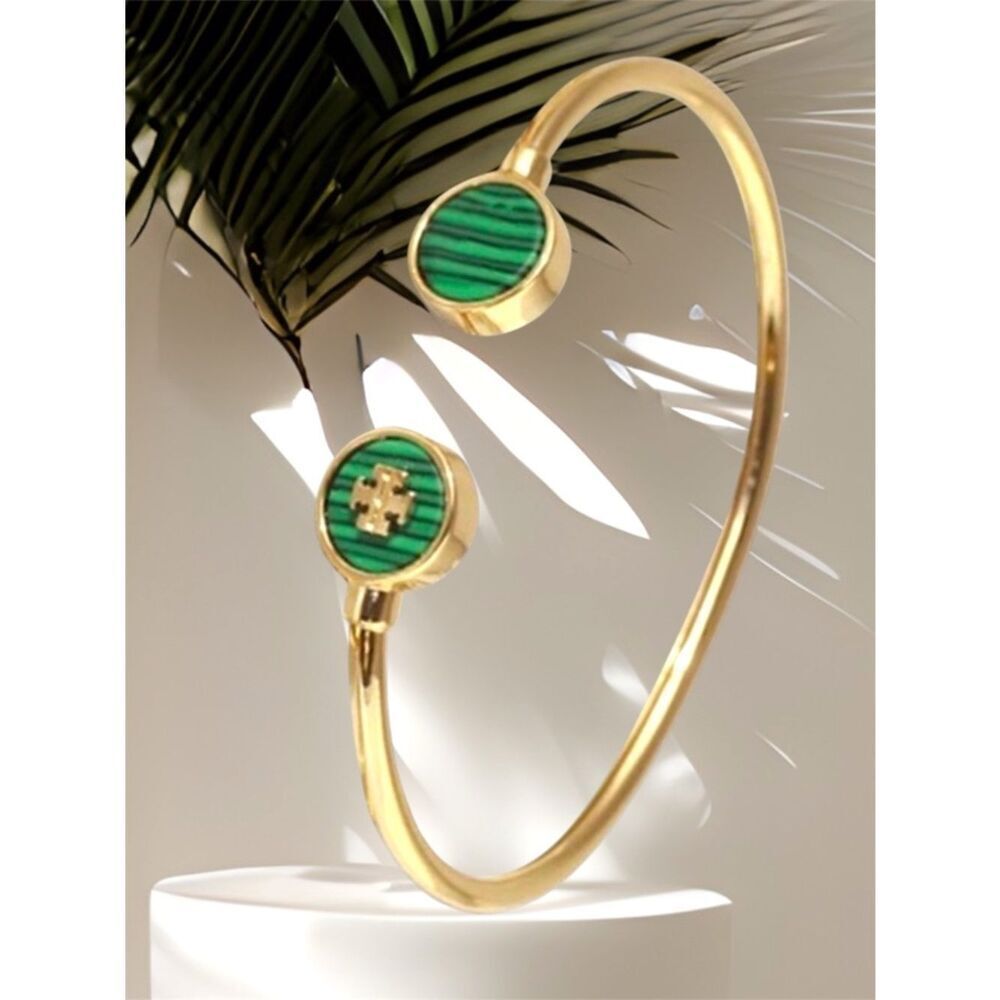 TORY BURCH KIRA SEMIPRECIOUS GREEN MALACHITE OPEN CUFF BRACELET 18K GOLD…
